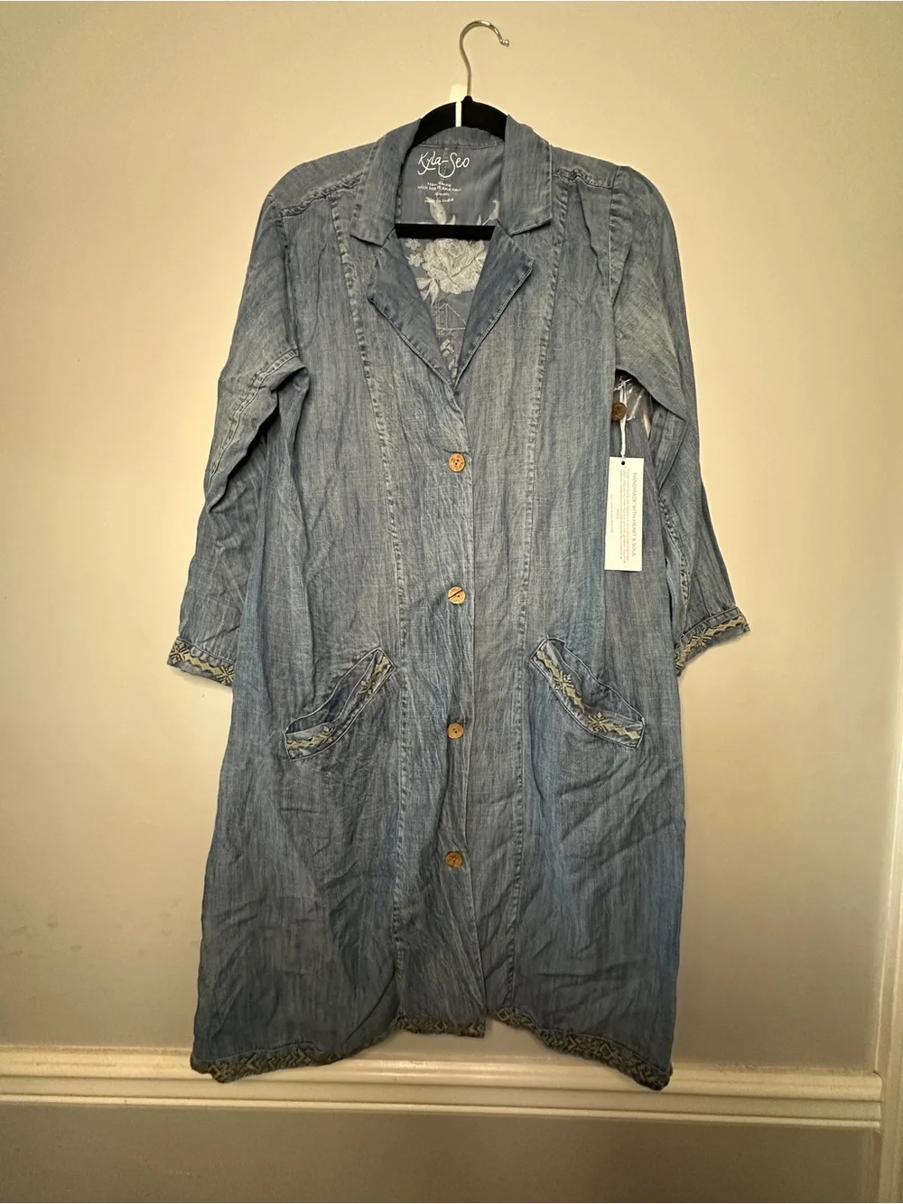 Light Wash Denim Button-Front Duster Laramie jacket Coat - Picture 2 of 6